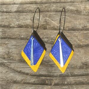 Handmade Polymer Clay Earrings in Blue and Yellow with silver hoops